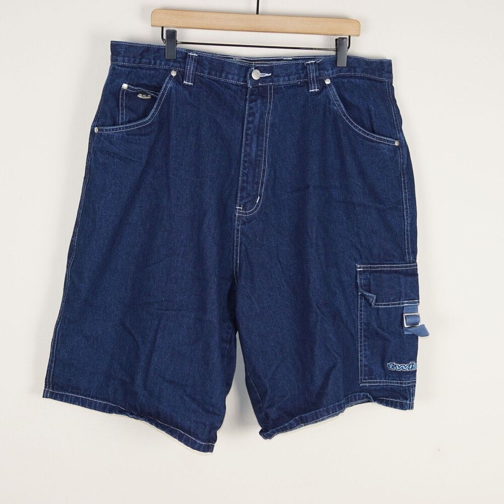 Y2K Shaq Twism The World Is Mine Denim Cargo Loose Blue Shorts Mens Sz 40